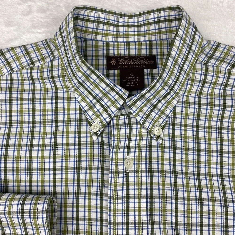 Brooks Brothers Boys XL Green White Plaid Dress Shirt Non-Iron Long Sleeves